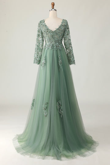 Sage A Line Long Sleeve Prom Dress with Appliques